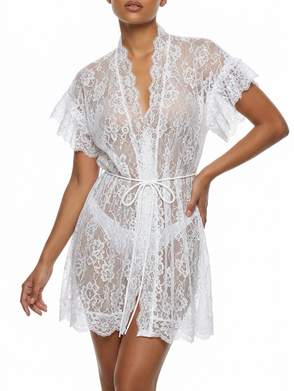 White Floral Lace Robe Ruffle Trim Sheer Short Sleeve Bridal Lingerie
Romance OS